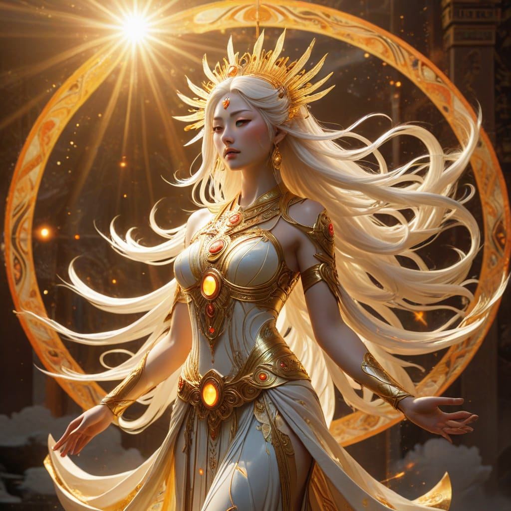 Amaterasu, the Japanese sun goddess: a white-haired woman in gold and white armour with a sunburst crown before a blazing sun
