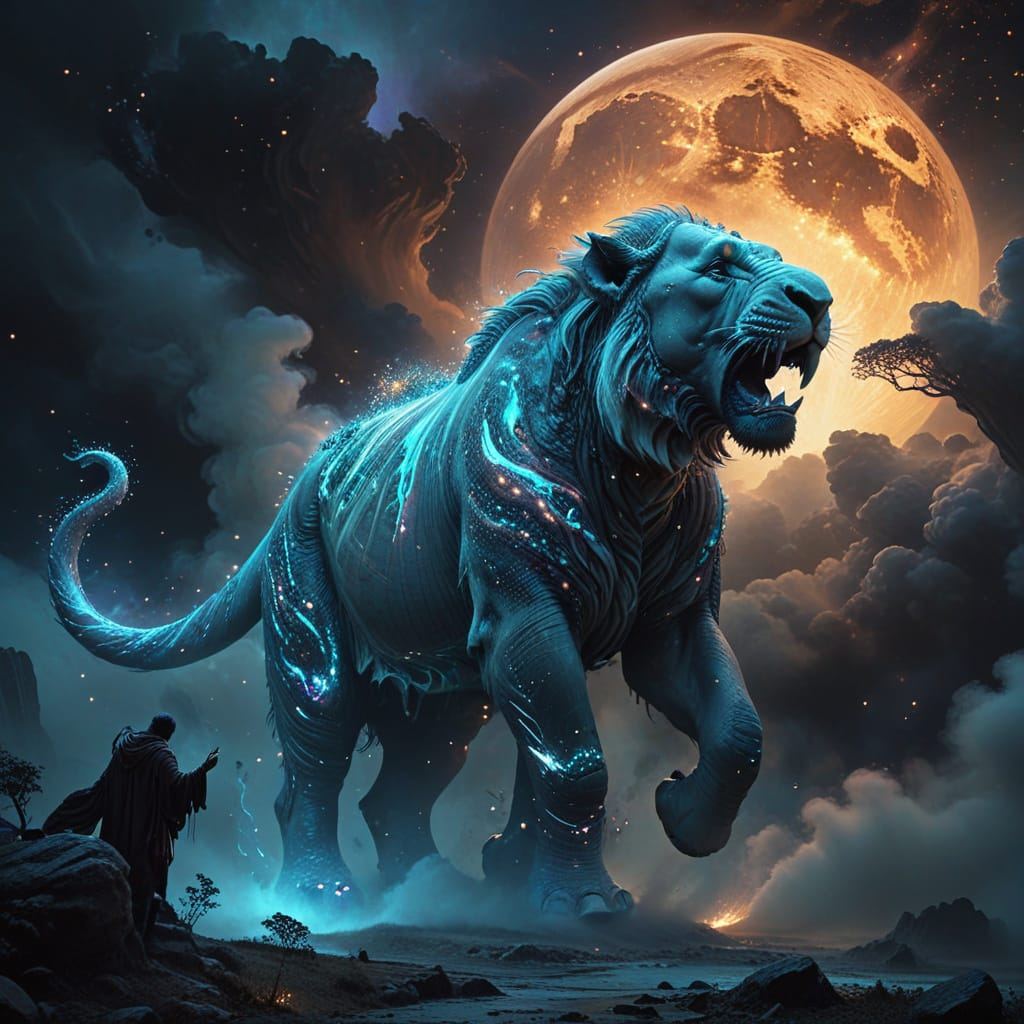 Baku, the Japanese dream eater: a huge glowing blue lion-like beast roars beneath an orange moon as a robed figure watches
