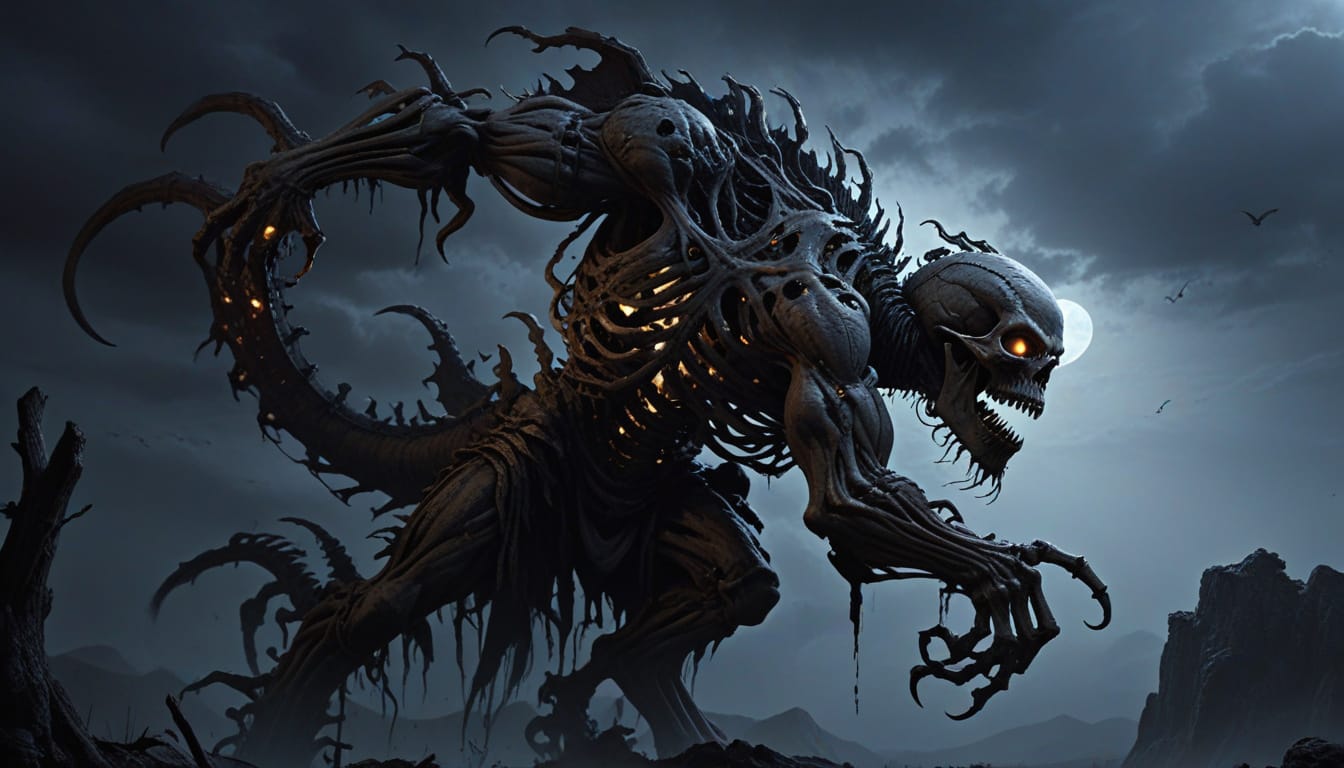 Gashadokuro, the Japanese giant skeleton yokai: a towering skeletal monster with glowing eyes and claws stalks under a stormy moonlit sky