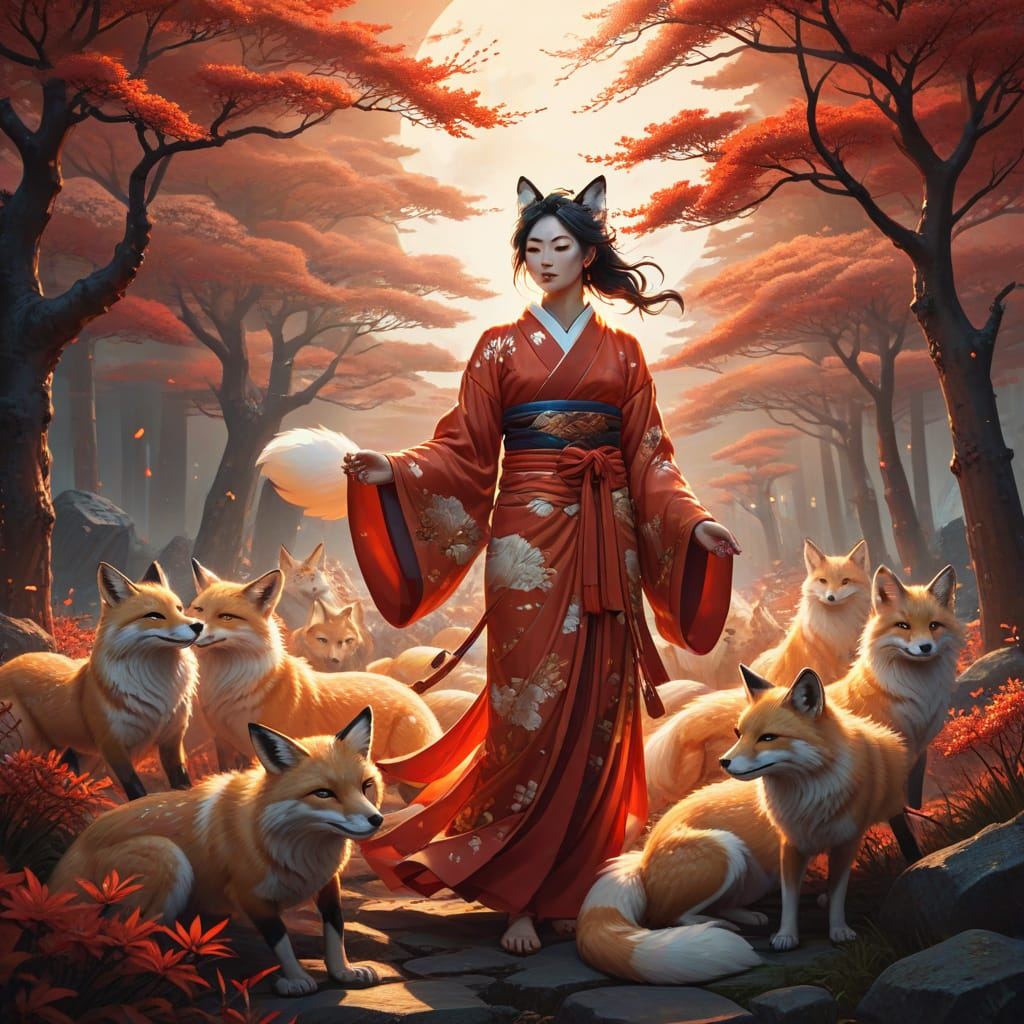 Inari, the Japanese fox deity: a woman with fox ears in a red kimono stands among foxes in a crimson autumn forest