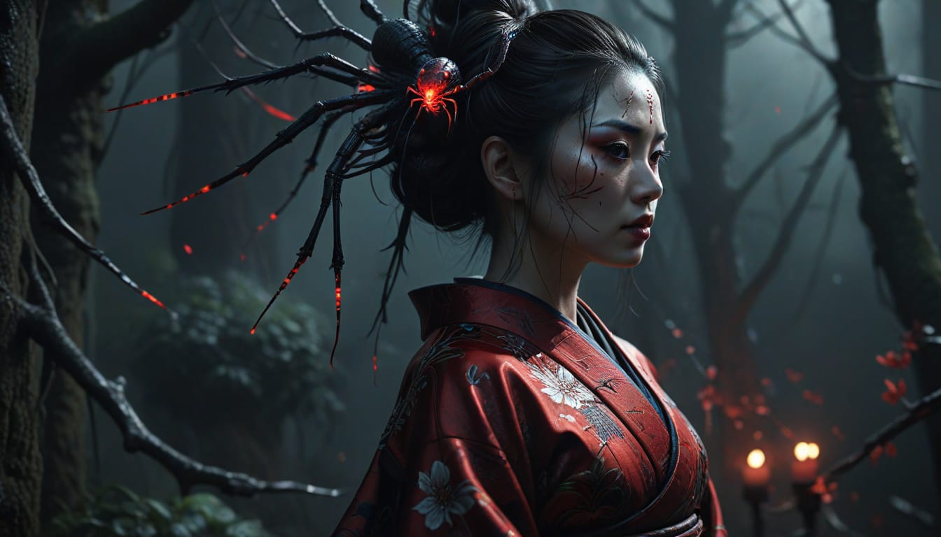Jorogumo, the Japanese spider woman: a pale woman in a red kimono with a glowing red spider in her hair, dark forest