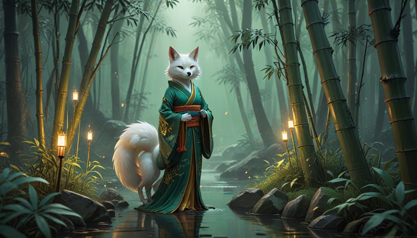 Kitsune, the Japanese fox spirit: a white fox in a green and gold kimono stands in a misty lantern-lit bamboo grove