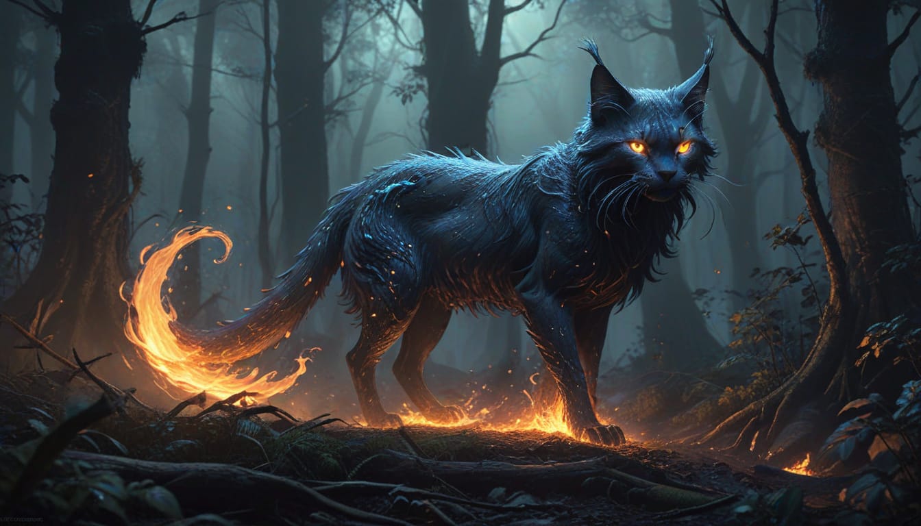 Nekomata, the Japanese cat yokai: a dark shaggy cat with glowing orange eyes and a flaming tail prowls a misty forest