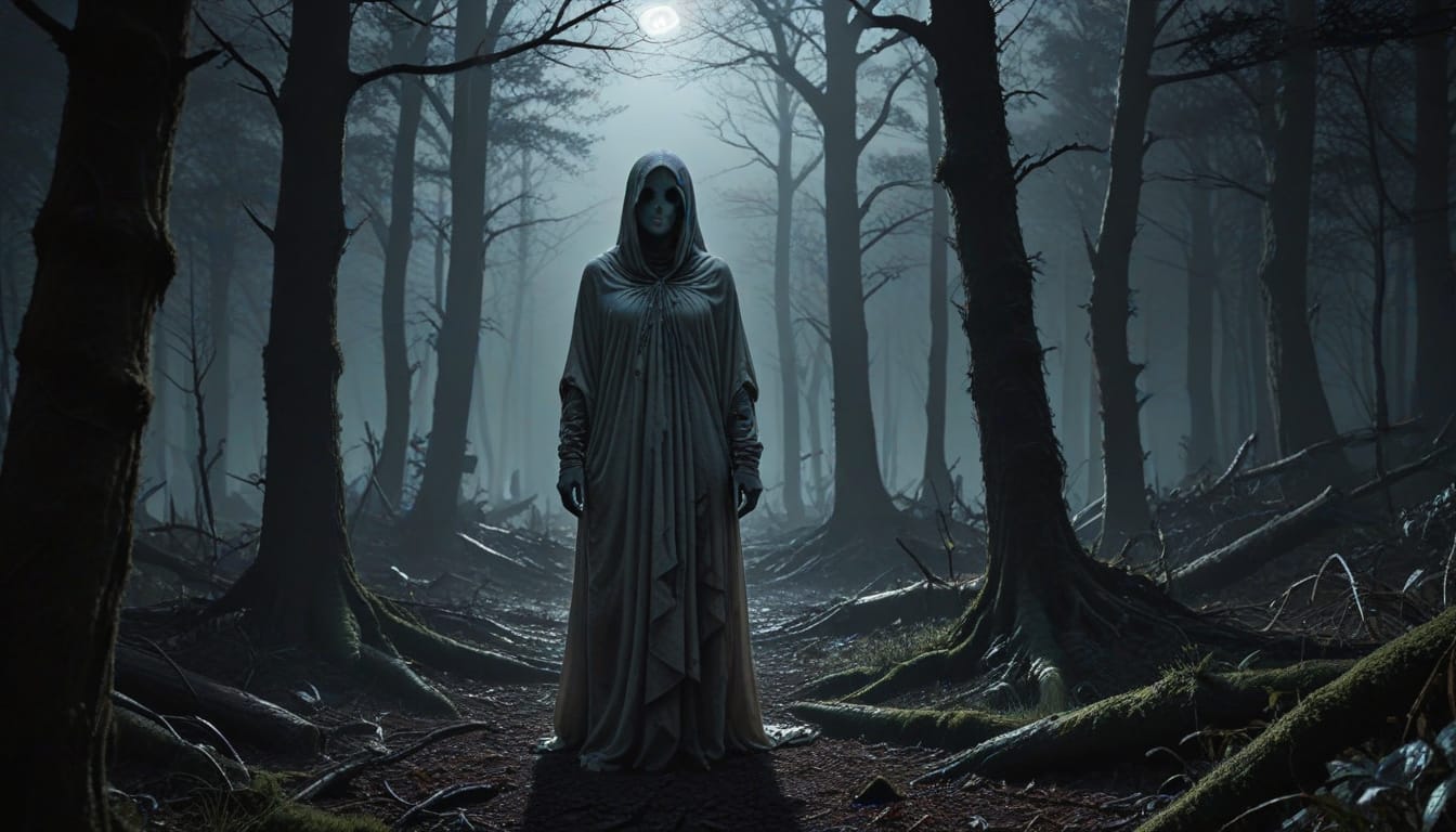 Noppera-bo, the Japanese faceless ghost: a pale hooded figure with a blank mask-like face stands in a dark moonlit forest