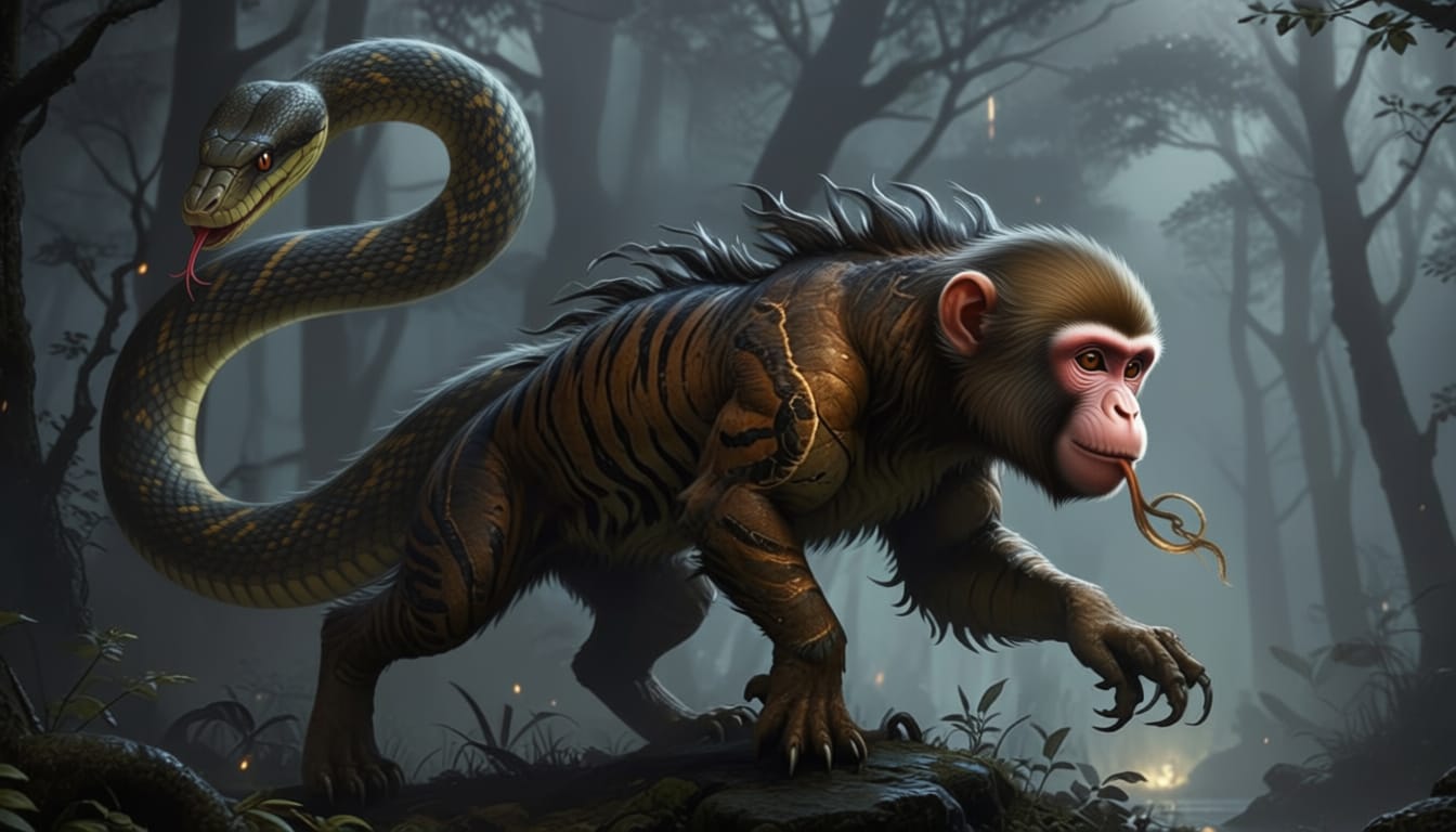 Nue, the Japanese chimera yokai: a creature with a monkey face, tiger-striped body and a snake tail in a misty forest