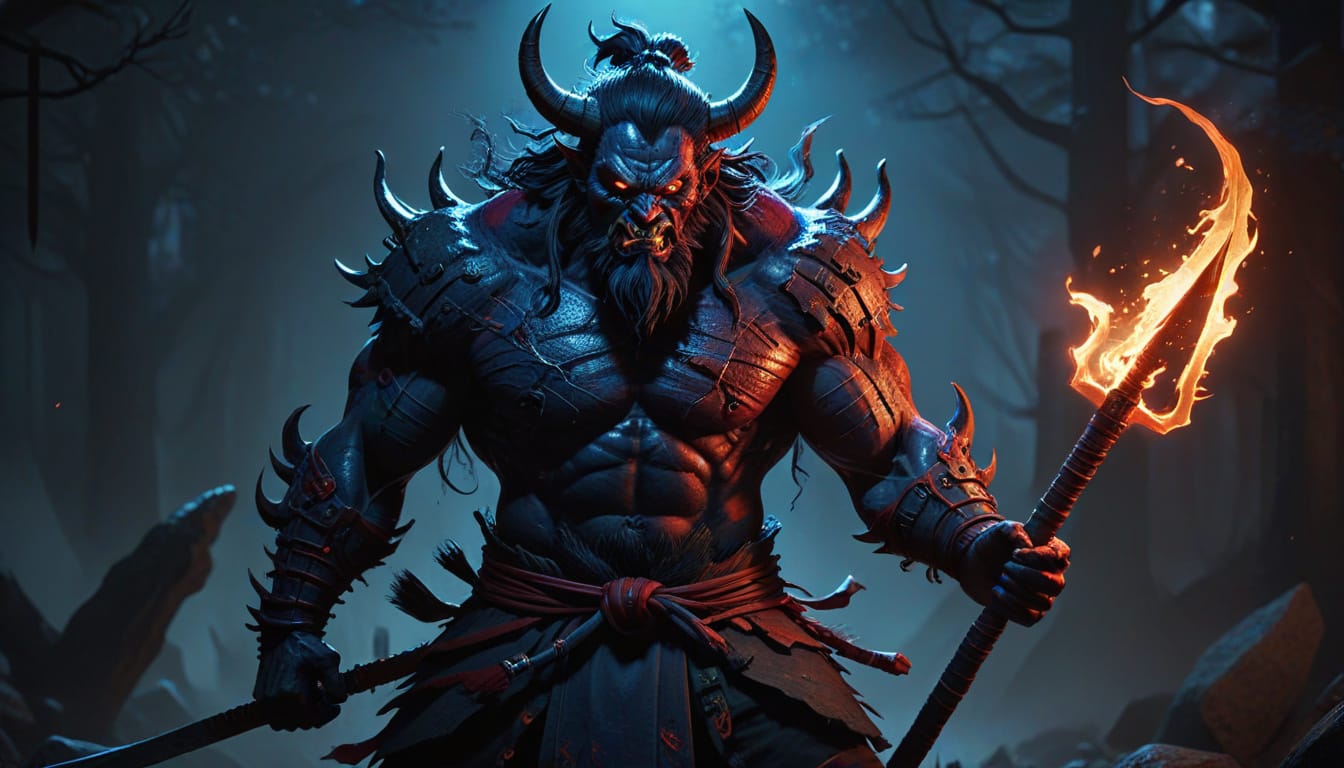 Oni, the Japanese demon: a horned, muscular blue-skinned ogre with glowing red eyes grips a flaming spear in a dark forest