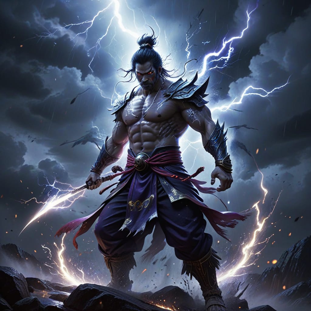 Raijin, the Japanese thunder god: a bare-chested warrior with glowing red eyes and a lightning-charged sword amid storm clouds and lightning bolts