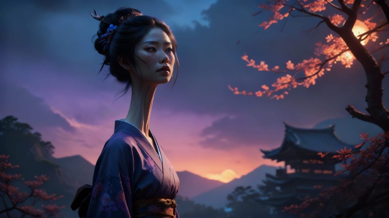 Rokurokubi, the Japanese long-necked yokai: a woman in a purple kimono with a slightly elongated neck at dusk beside a pagoda