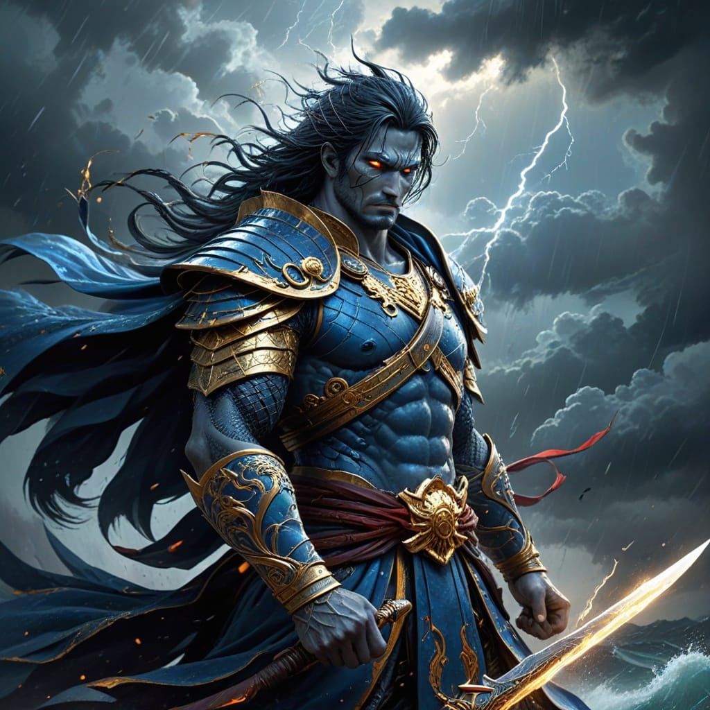Susanoo, the Japanese storm god: a long-haired warrior in blue and gold armour holds a glowing sword beneath lightning over the sea