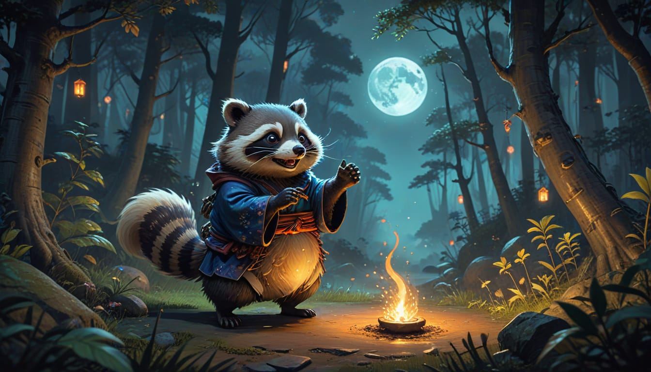 Tanuki, the Japanese raccoon dog yokai: a smiling tanuki in a blue kimono stands by a small fire in a moonlit forest