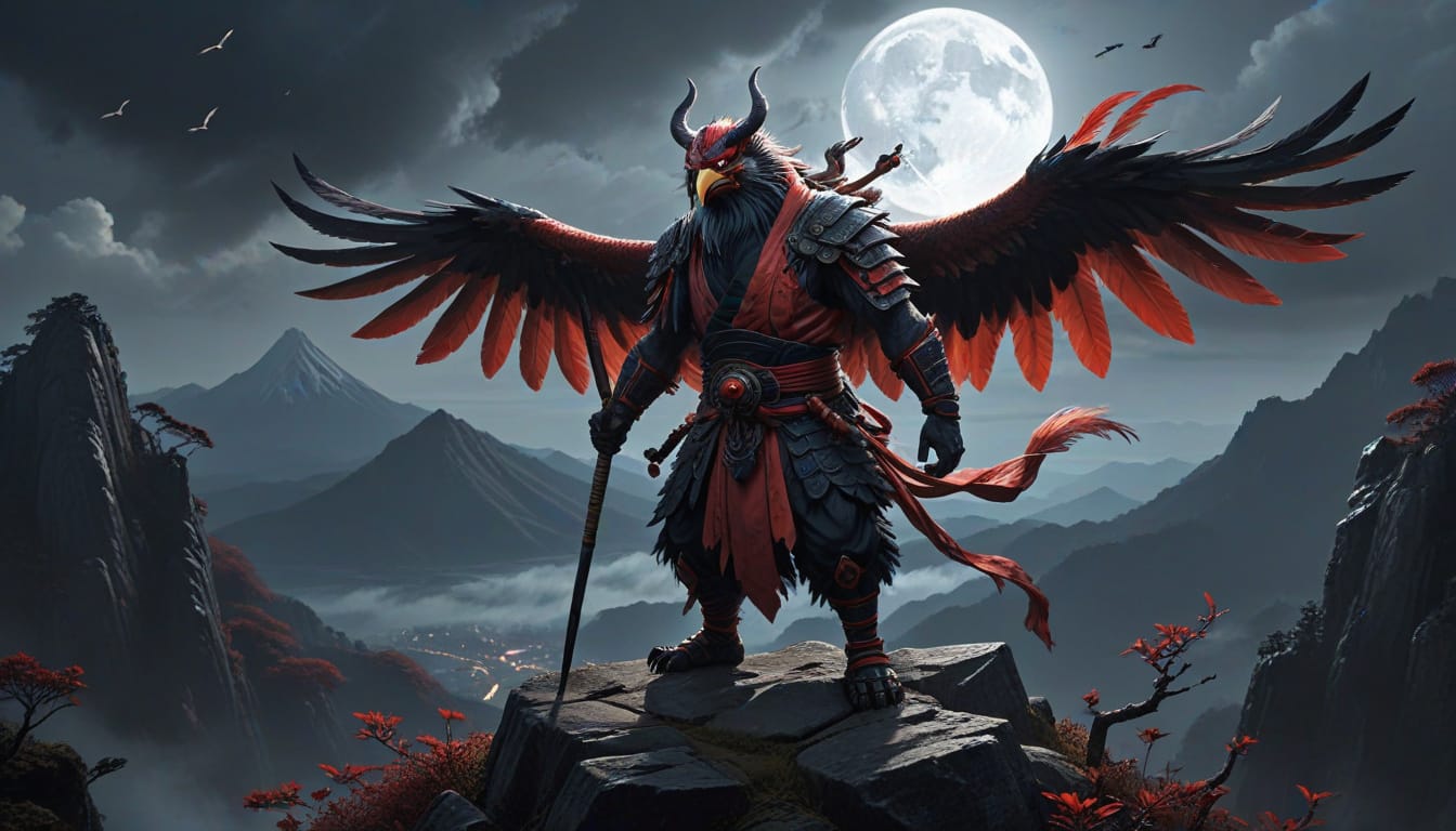 Tengu, the Japanese mountain goblin: a horned bird-headed warrior with red-black wings stands on a mountain peak under a full moon