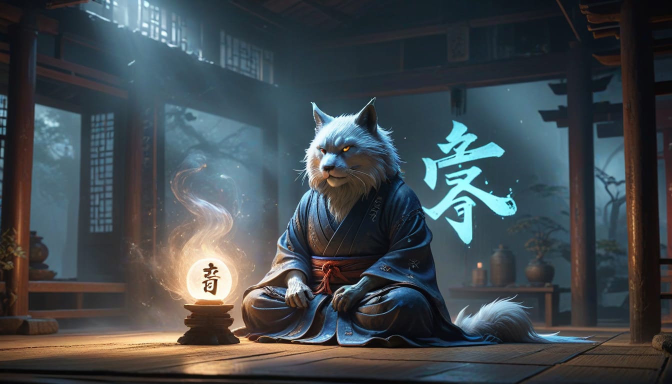 Tsukumogami, Japanese spirits of objects: a robed cat-like creature sits cross-legged in a dim temple hall beside a glowing lamp