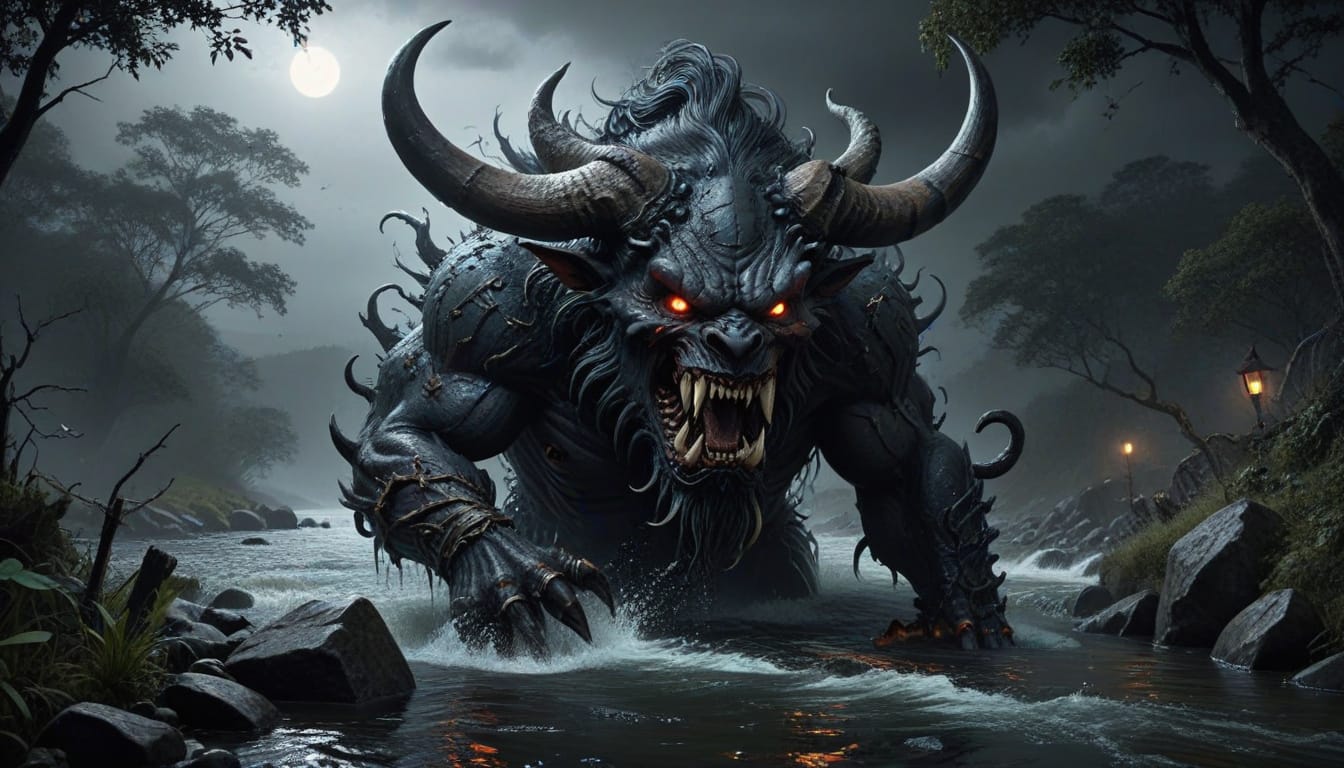 Ushi-oni, the Japanese ox demon: a huge horned black beast with glowing red eyes and fangs charges through a river at night