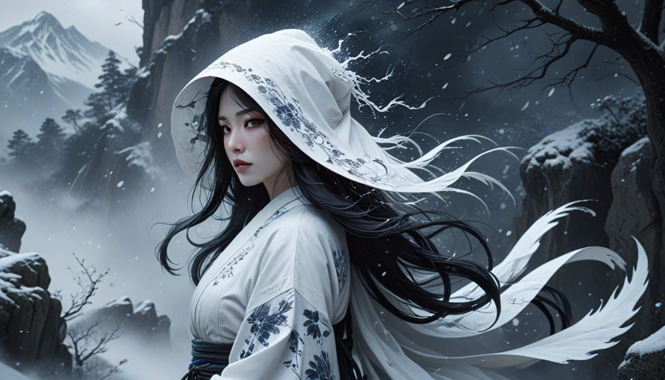 Yuki-onna, the Japanese snow woman: a pale black-haired woman in a white hooded robe stands in a snowstorm on a mountain