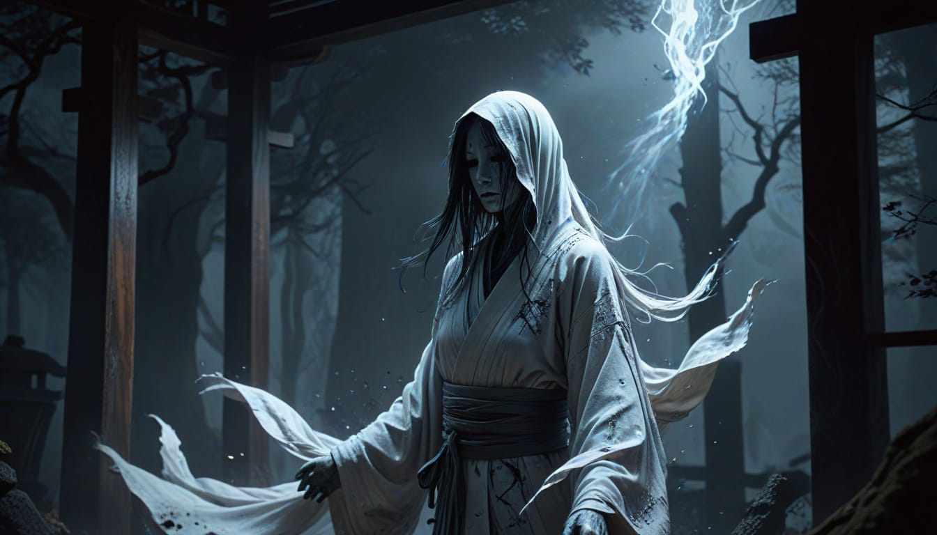 Yurei, the Japanese ghost: a pale woman with long black hair in a tattered white burial kimono drifts through a dark shrine