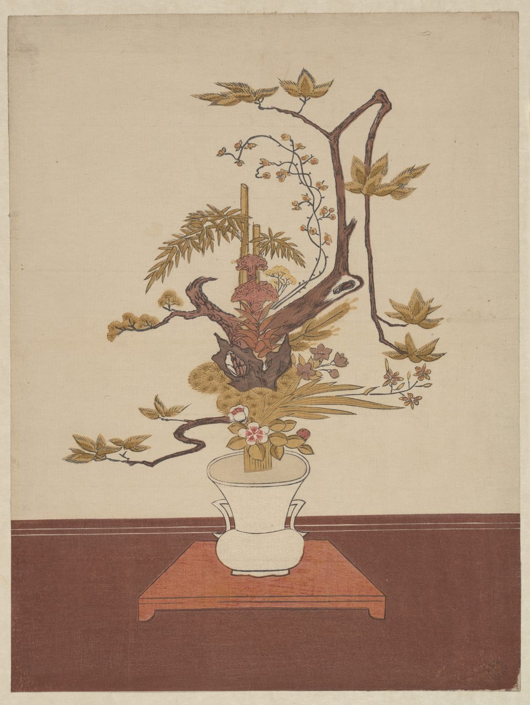 A woodblock print of a woman arranging flowers in the Ikenobō style