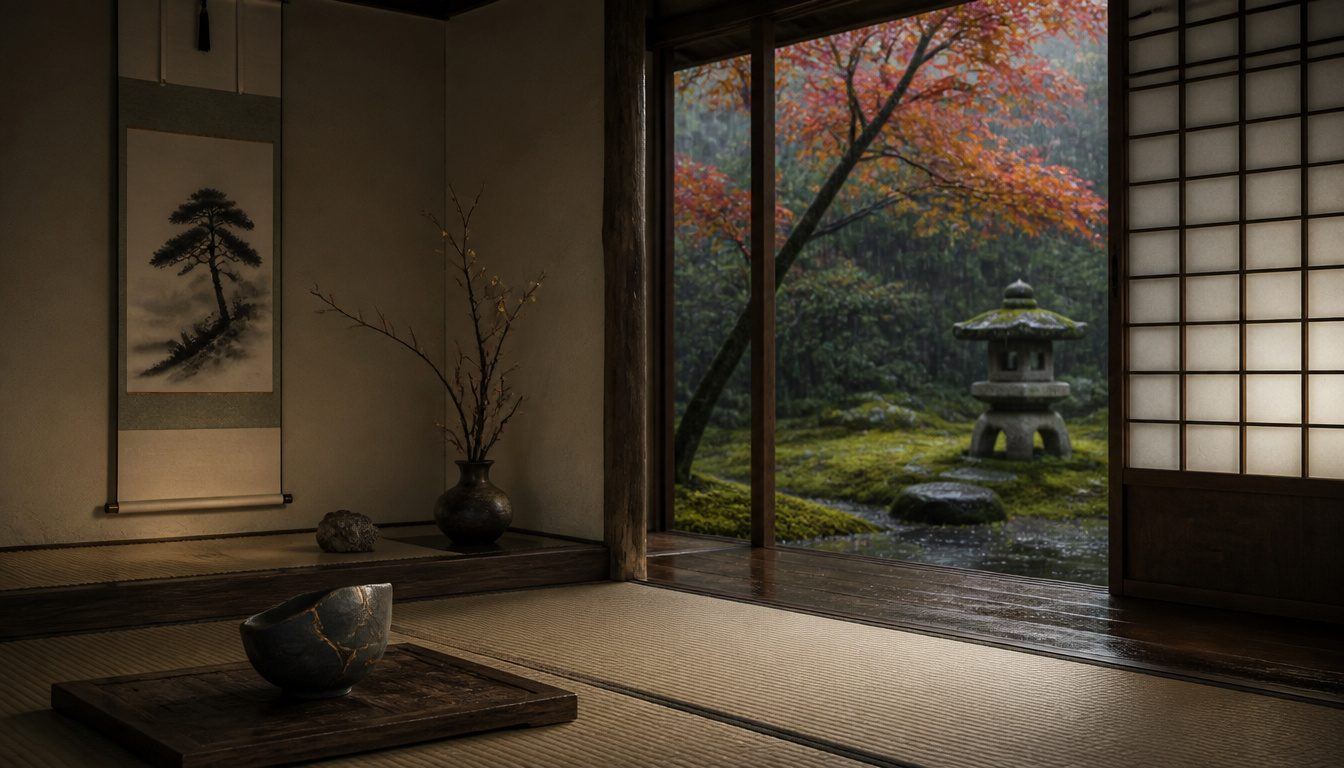 Japanese art and aesthetics: a tatami room with a pine scroll, kintsugi bowl and open doors onto a rainy garden with lantern
