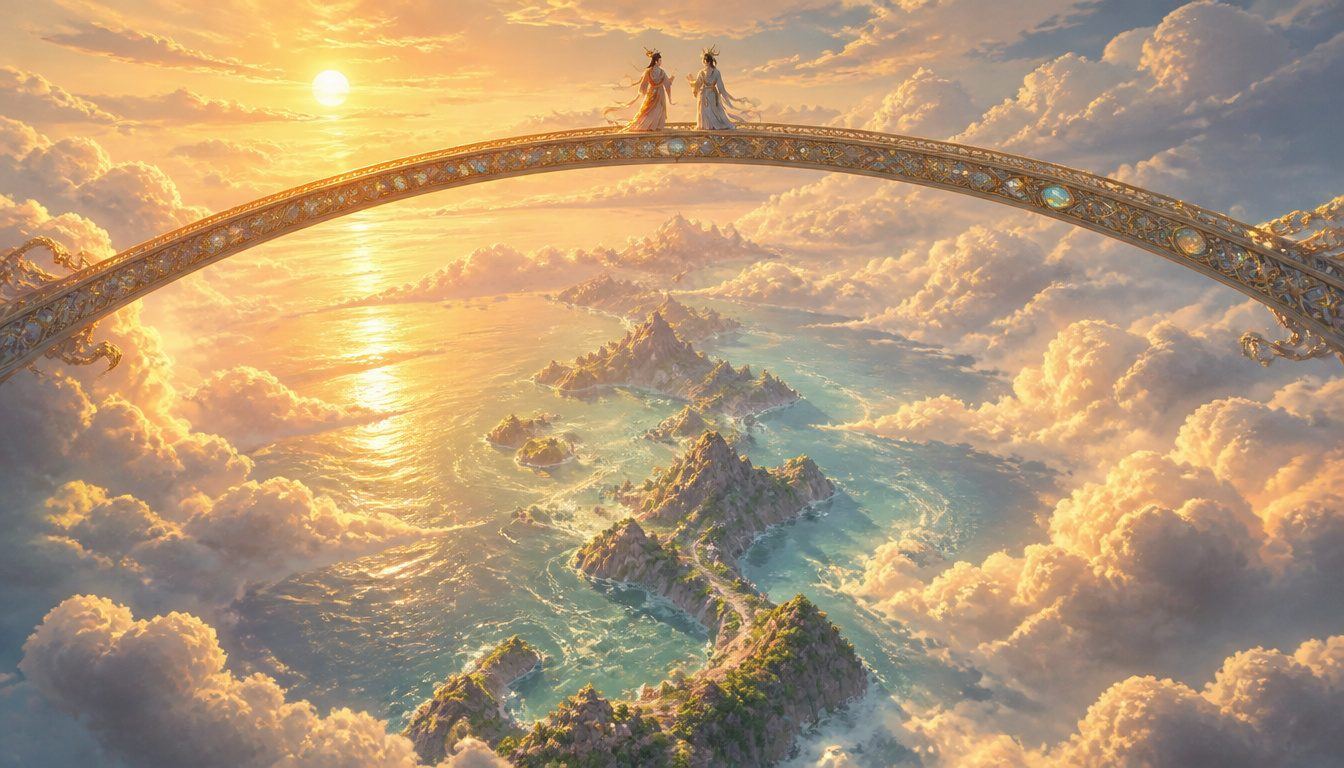 Izanagi and Izanami on the Floating Bridge of Heaven, standing on a jewelled golden arch above clouds and newborn islands at sunrise