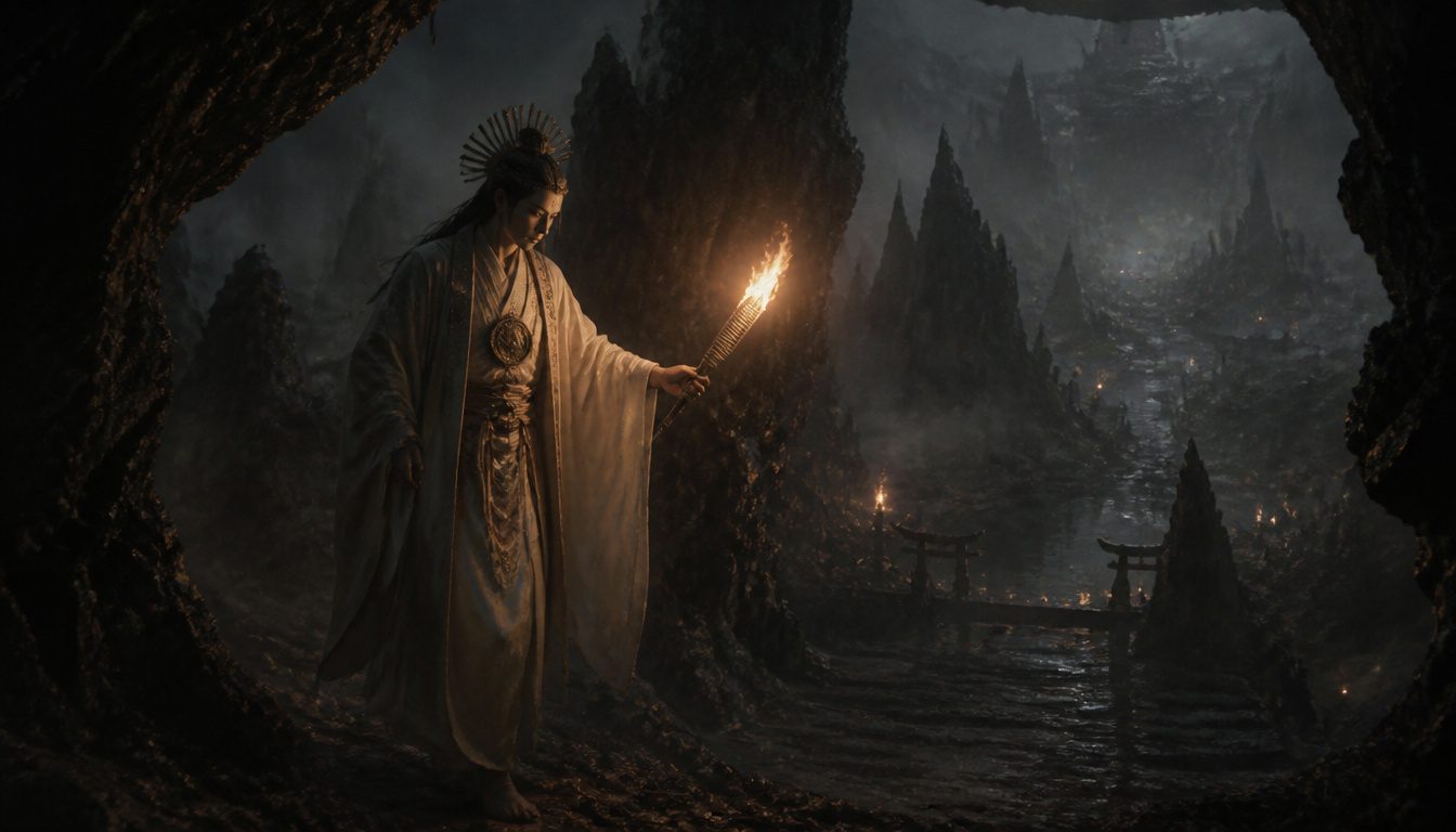 Izanagi in Yomi, the Japanese underworld: a robed god holding a burning torch looks down in a dark cavern with torii gates