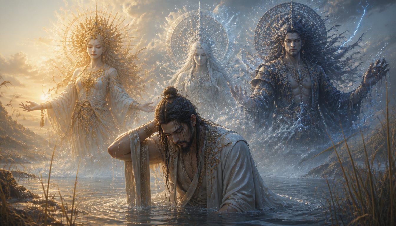 Izanagi's purification: the god bathes in a river as Amaterasu, Tsukuyomi and Susanoo appear in gold, silver and storm-blue light