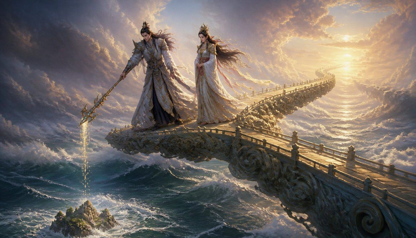 Izanagi and Izanami creating Japan: on the Floating Bridge of Heaven, Izanagi dips a jewelled spear into the stormy sea
