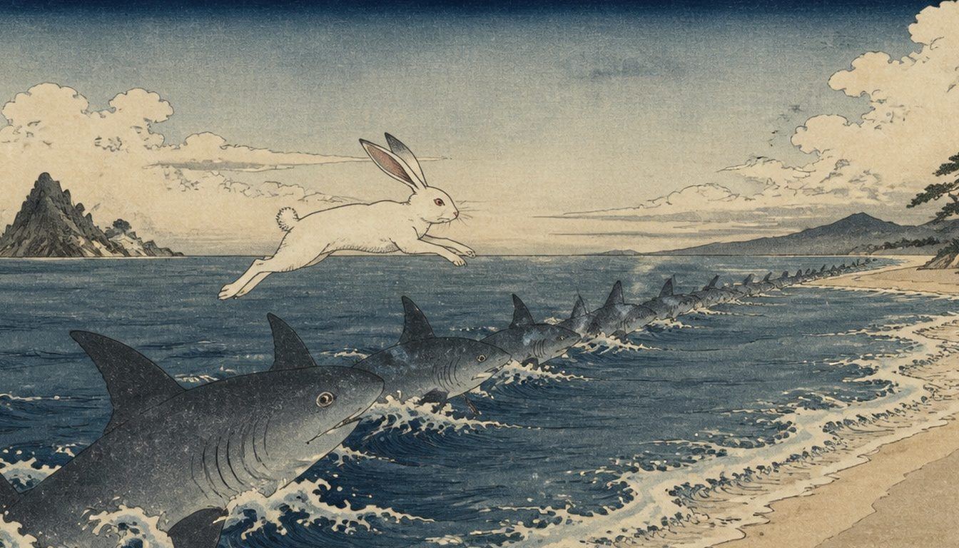 The White Hare of Inaba: a white rabbit leaps across a line of sharks toward the shore, in woodblock print style