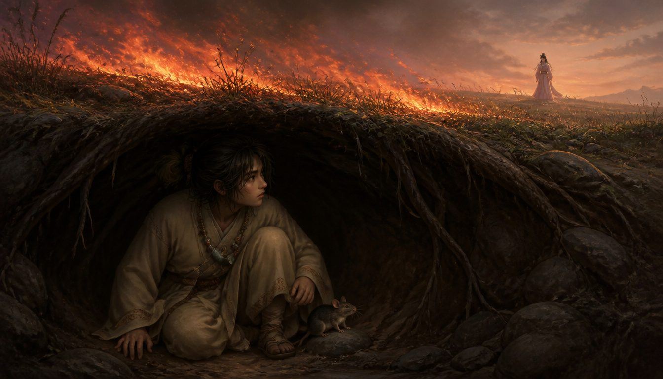 Okuninushi's trial by fire: a young man shelters in an underground hollow with a mouse while flames sweep the grassland above
