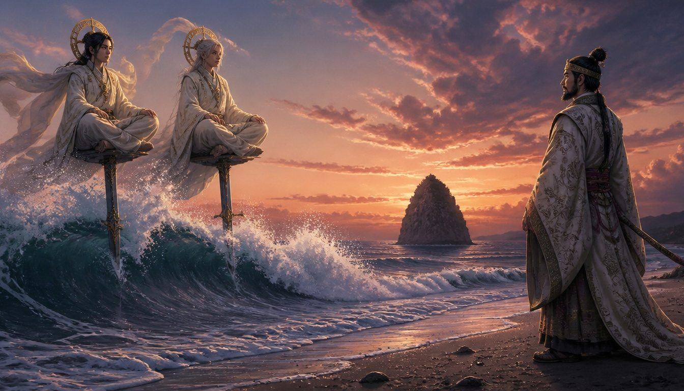 Ōkuninushi and the heavenly envoys: two radiant gods sit cross-legged on swords planted in breaking waves, a robed lord watching from shore