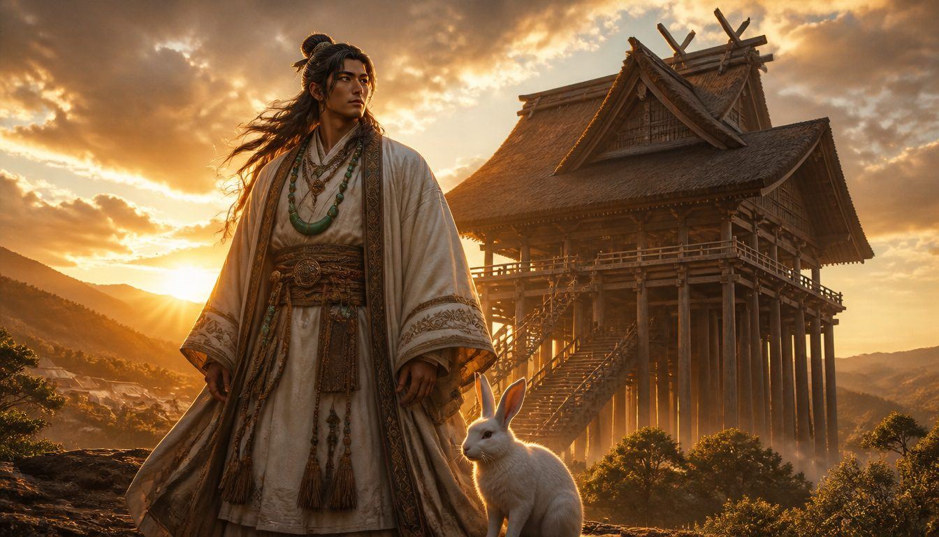 Ōkuninushi, the Japanese god of Izumo: a long-haired man in white robes and jade beads beside a white hare and towering shrine