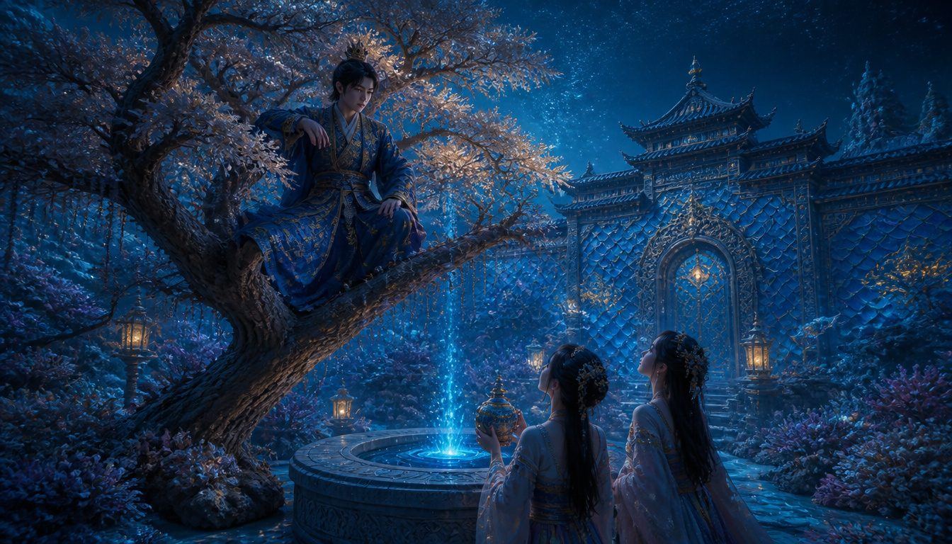 Hoori at Ryujin's undersea palace: a prince in blue robes sits in a tree above a glowing well, two maidens below