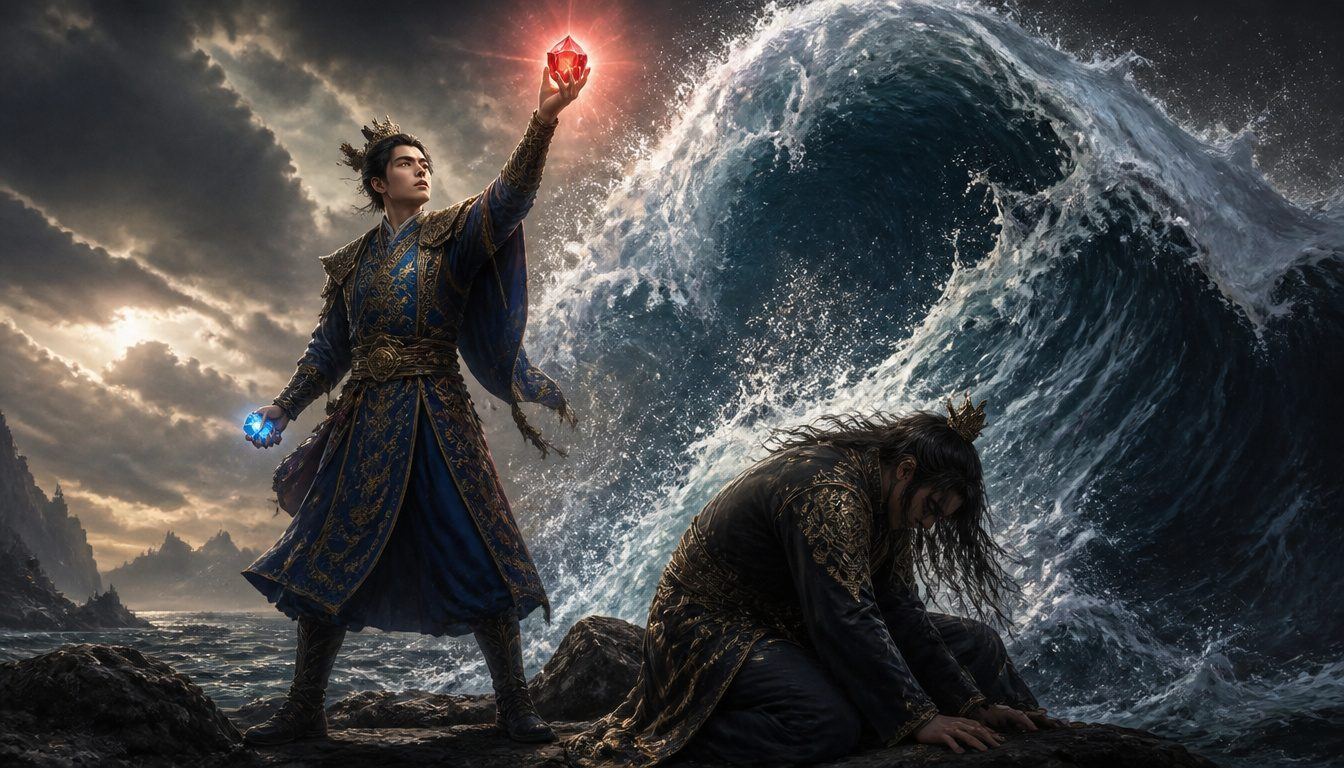 Hoori wielding Ryujin's tide jewels: a prince raises a glowing red jewel before a giant wave while his brother kneels defeated