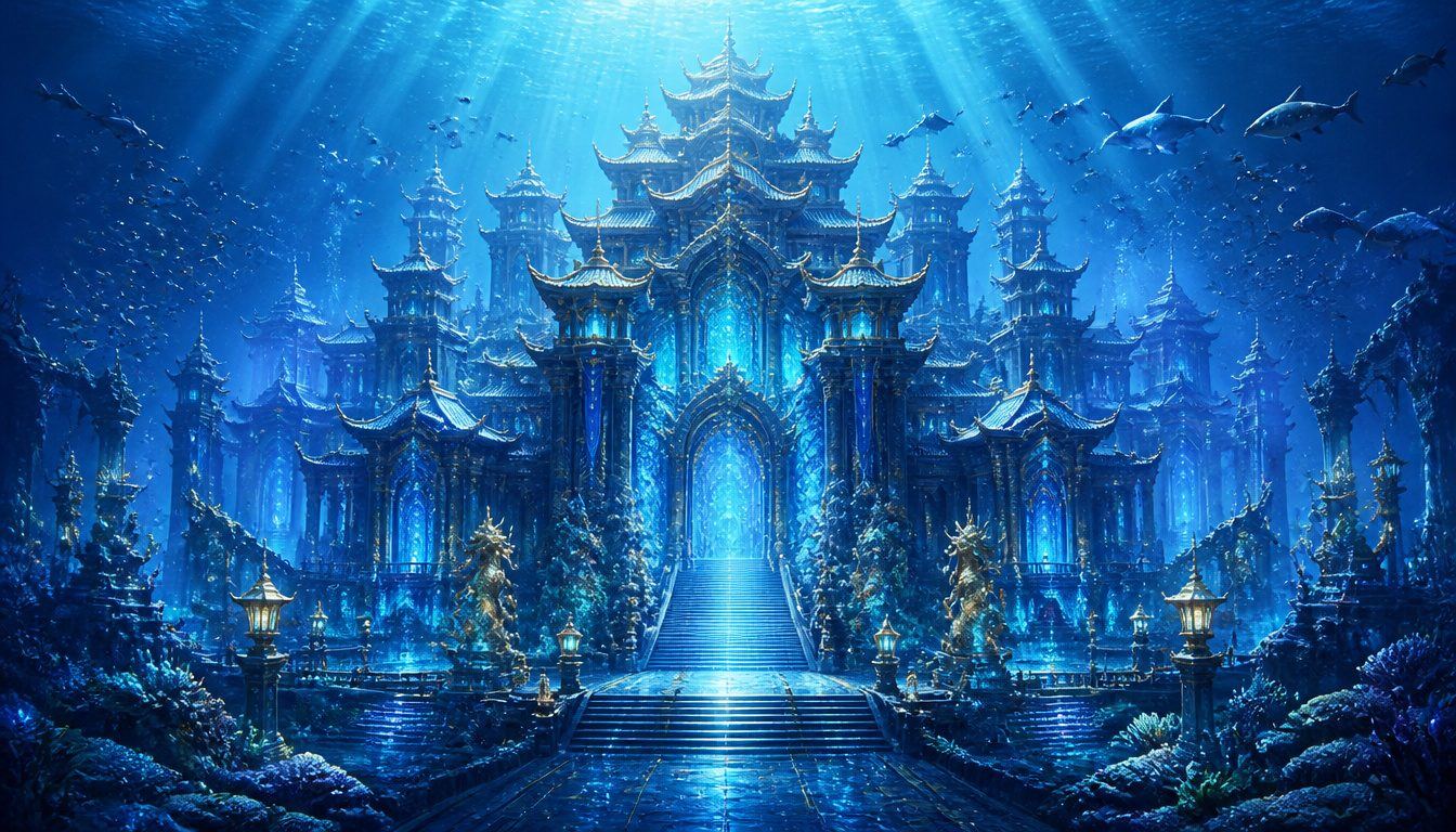 Ryujin's Palace, the Japanese dragon king's undersea castle: glowing blue pagoda towers, a long stairway, lanterns, coral and fish
