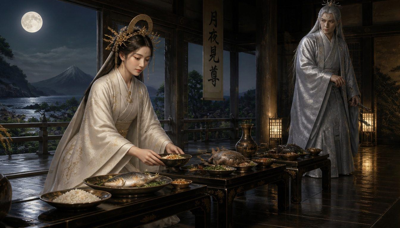 Tsukuyomi and the food goddess Ukemochi: a woman in white sets out rice and fish as the silver-robed moon god approaches