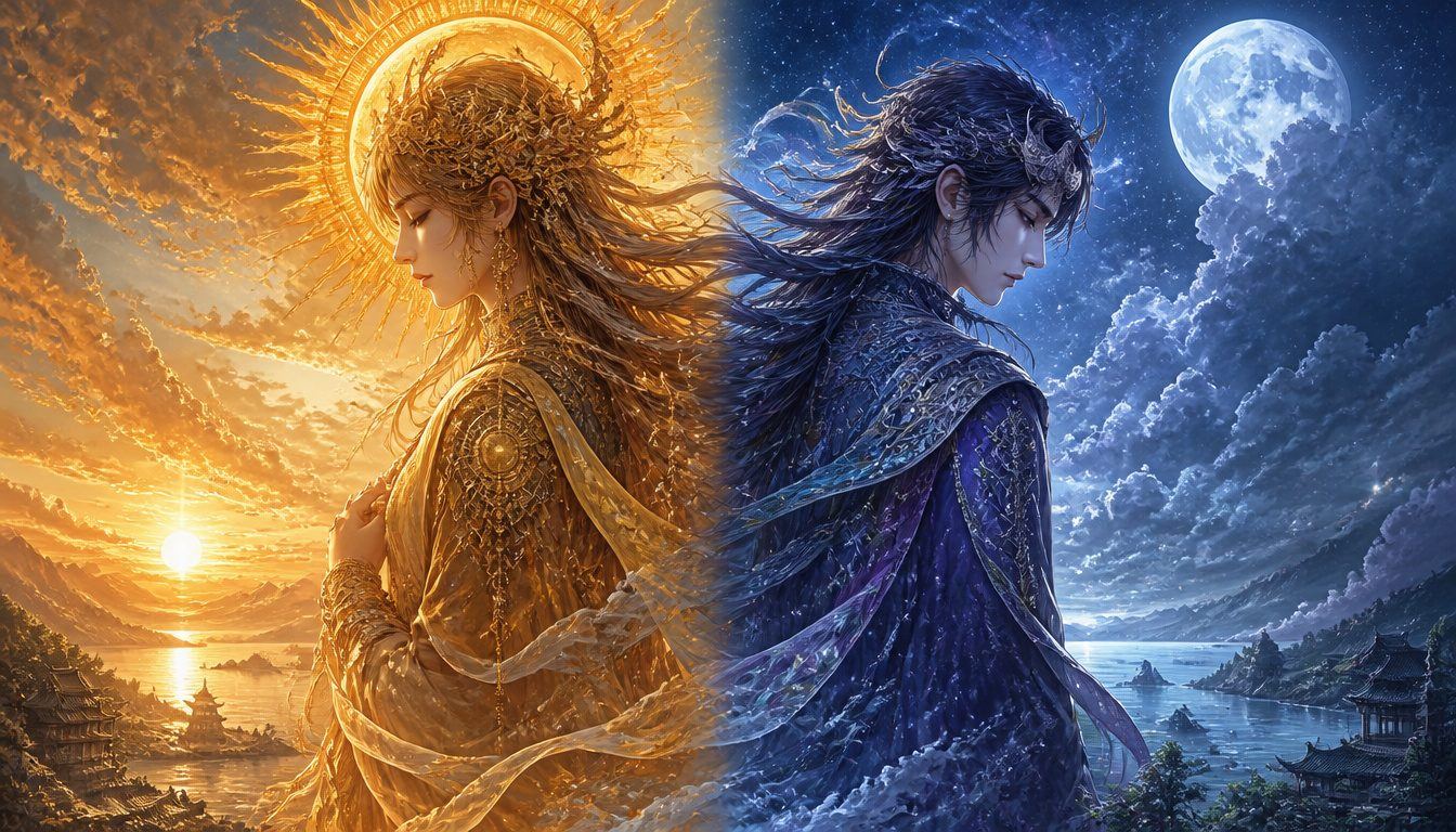 Amaterasu and Tsukuyomi, sun and moon divided: a golden sun goddess and blue-robed moon god stand back to back, day against night