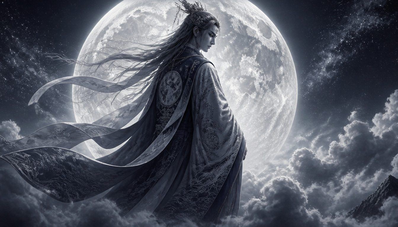 Tsukuyomi, the Japanese moon god: a long-haired figure in flowing silver robes stands above clouds before an enormous full moon, in monochrome