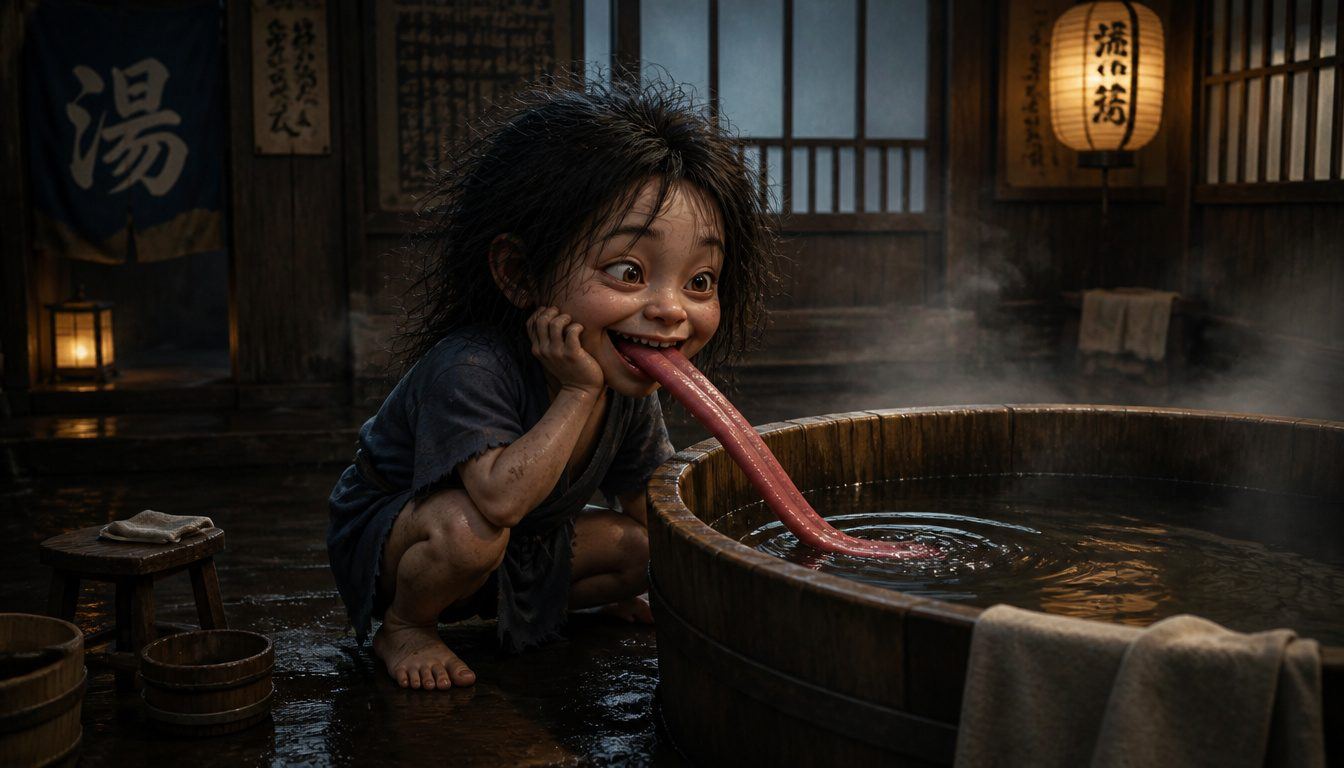 Akaname, the Japanese bathhouse filth-licker yokai: a grinning wild-haired child in rags licks a wooden bathtub with a long red tongue