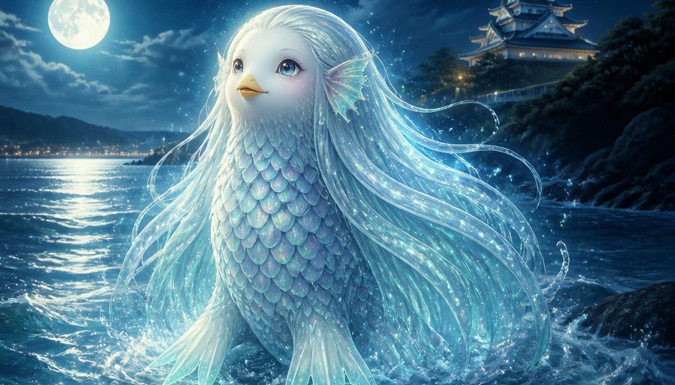 Amabie, the Japanese plague-prophet yokai: a glowing mermaid-like creature with a bird's beak, long white hair and scales rises from moonlit sea