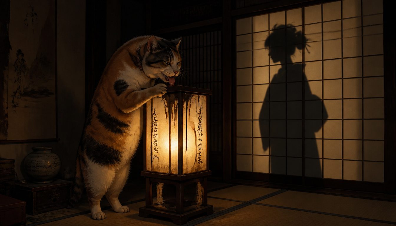Bakeneko, the Japanese monster cat: a huge calico cat stands upright licking a paper lantern, a woman's shadow on the shoji
