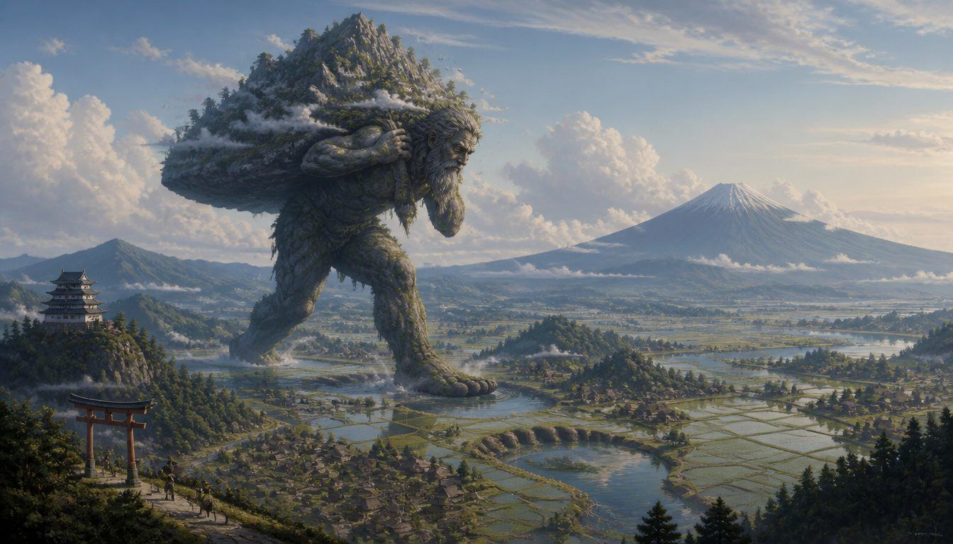 Daidarabotchi, the Japanese giant: a bearded mossy colossus carries a mountain on his back across rice paddies, Mount Fuji behind
