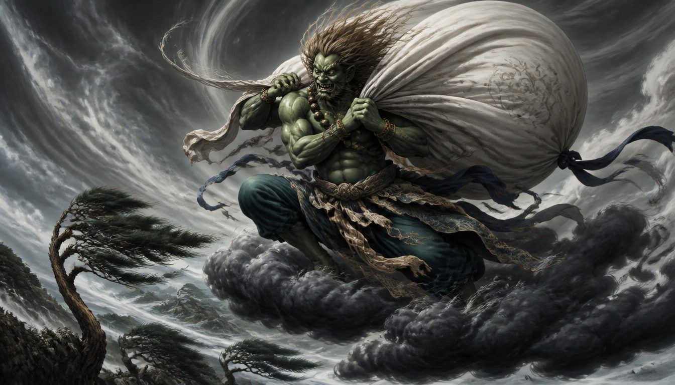 Fujin, the Japanese wind god: a fierce green-skinned deity clutches a billowing white wind bag, riding dark storm clouds over pines