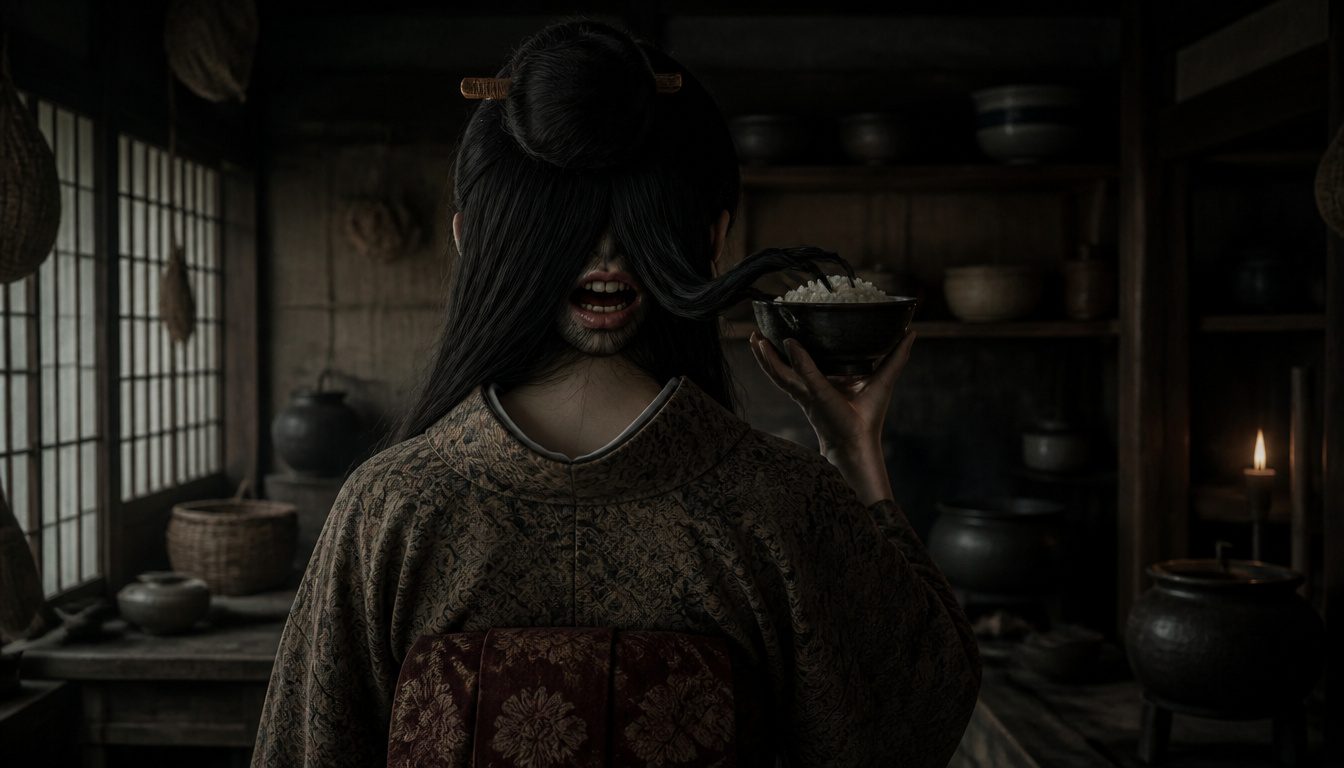 Futakuchi-onna, the two-mouthed woman: seen from behind, a mouth gapes in her head's back as her hair lifts a rice bowl