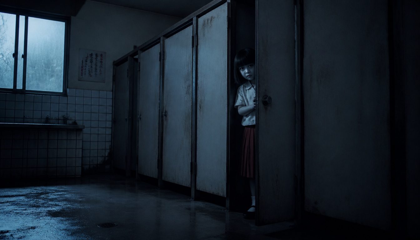 Hanako-san of the toilet, the Japanese school ghost: a bob-haired girl in a red skirt peers from a dark bathroom stall