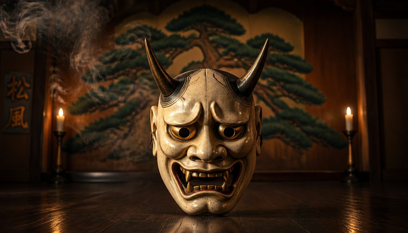 Hannya, the Japanese jealous demon mask: a horned Noh mask with gold eyes and fangs on a stage before a painted pine