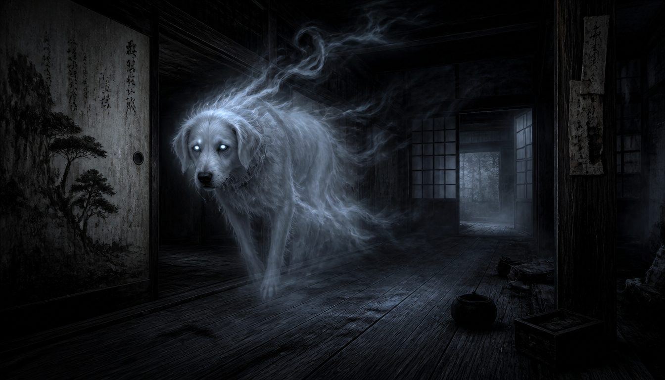 Inugami, the Japanese dog spirit: a pale ghostly dog with glowing white eyes, trailing smoke, walks through a dark wooden house