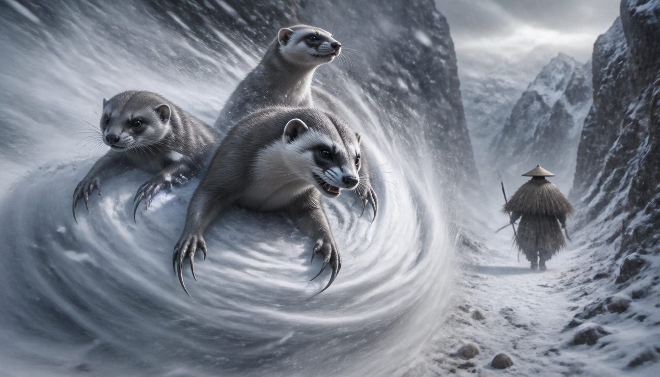 Kamaitachi, the Japanese sickle weasel: three clawed weasels ride a swirling whirlwind of snow as a straw-cloaked traveller walks a mountain path
