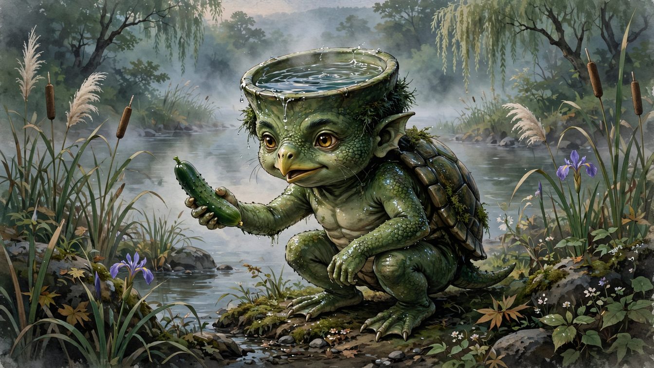 Kappa, the Japanese river creature: a small green scaly kappa with a turtle shell and water-filled head dish offers a cucumber by a misty river