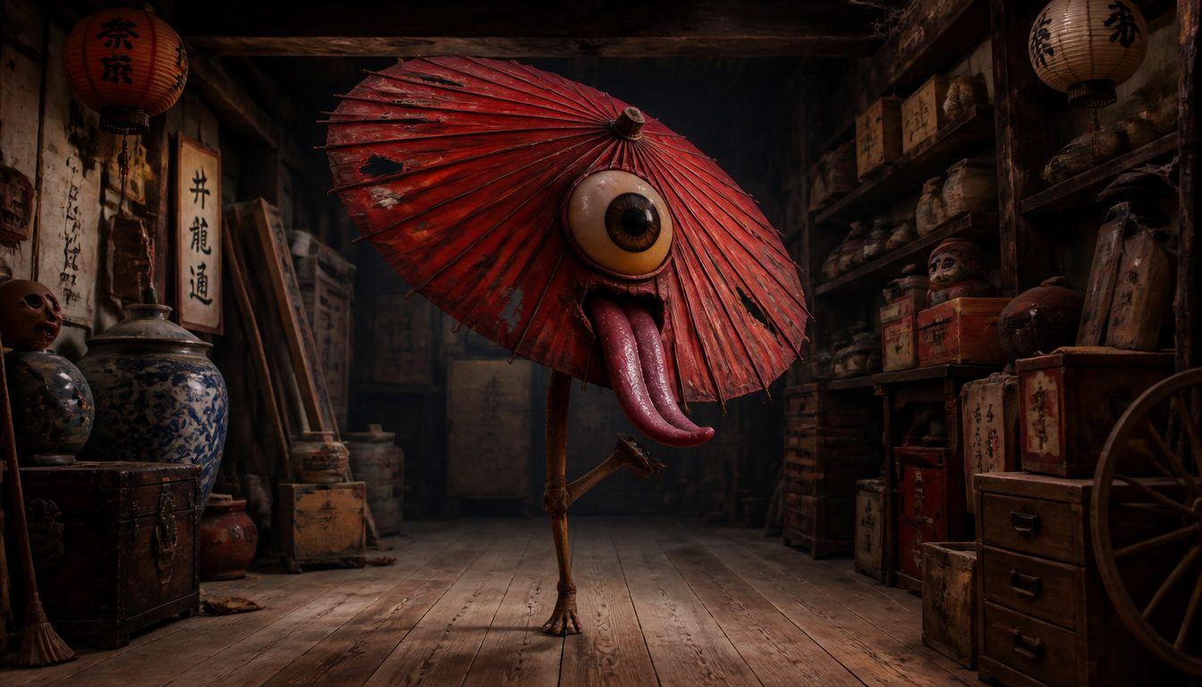 Kasa-obake, the Japanese umbrella yokai: a tattered red paper umbrella with one huge eye and long tongue hops on one leg