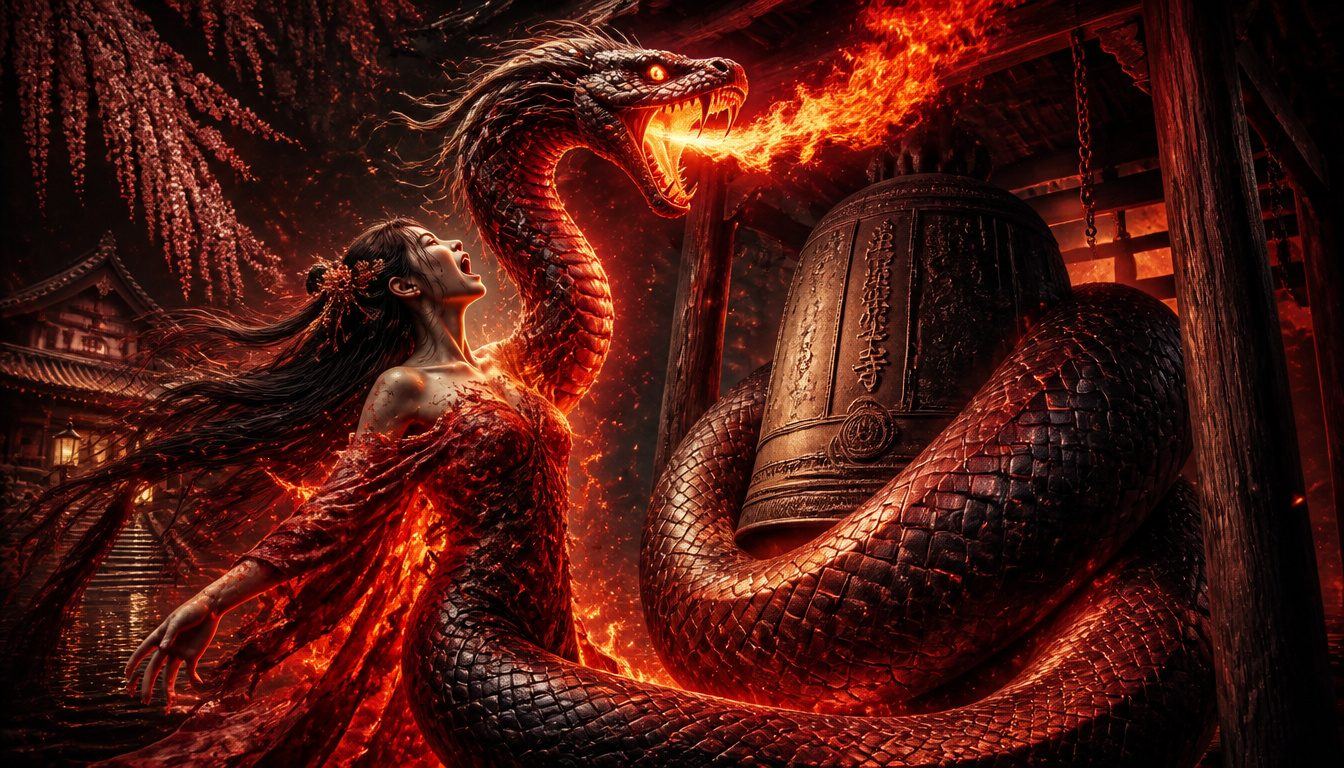 Kiyohime, the woman who became a serpent: a screaming woman turns into a fire-breathing red serpent coiled around a temple bell