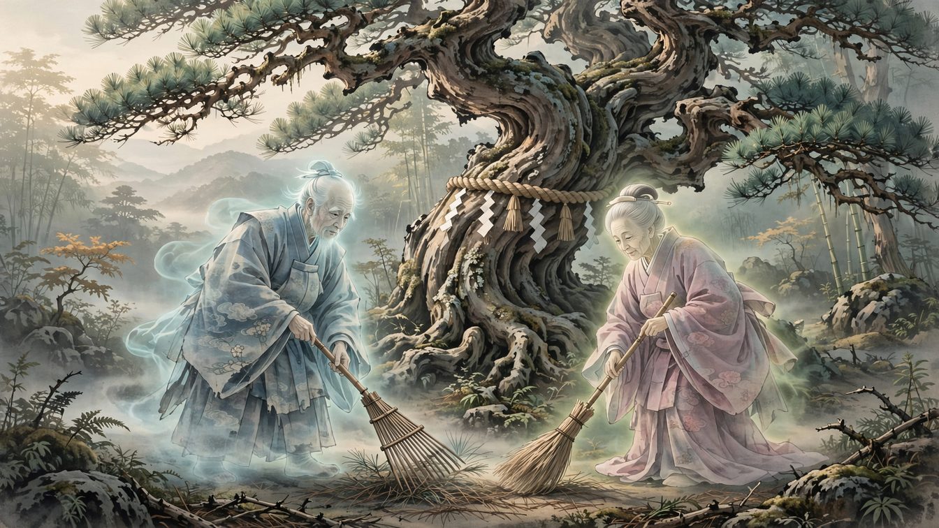 Kodama, the Japanese tree spirits: a glowing elderly man with a rake and woman with a broom sweep beneath an ancient pine bound with a sacred rope