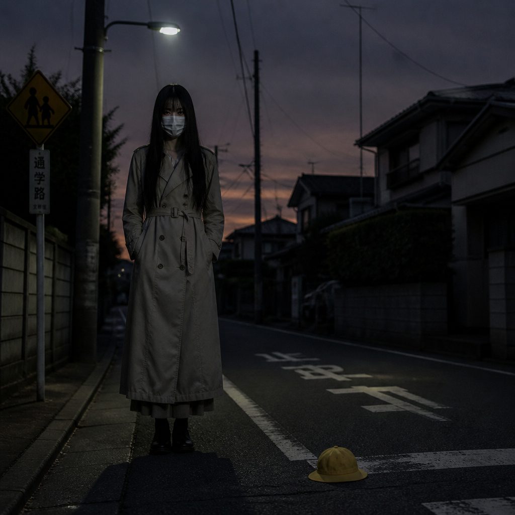 Kuchisake-onna, the slit-mouthed woman: a long-haired woman in a surgical mask and trench coat on a dusk street, a yellow hat dropped